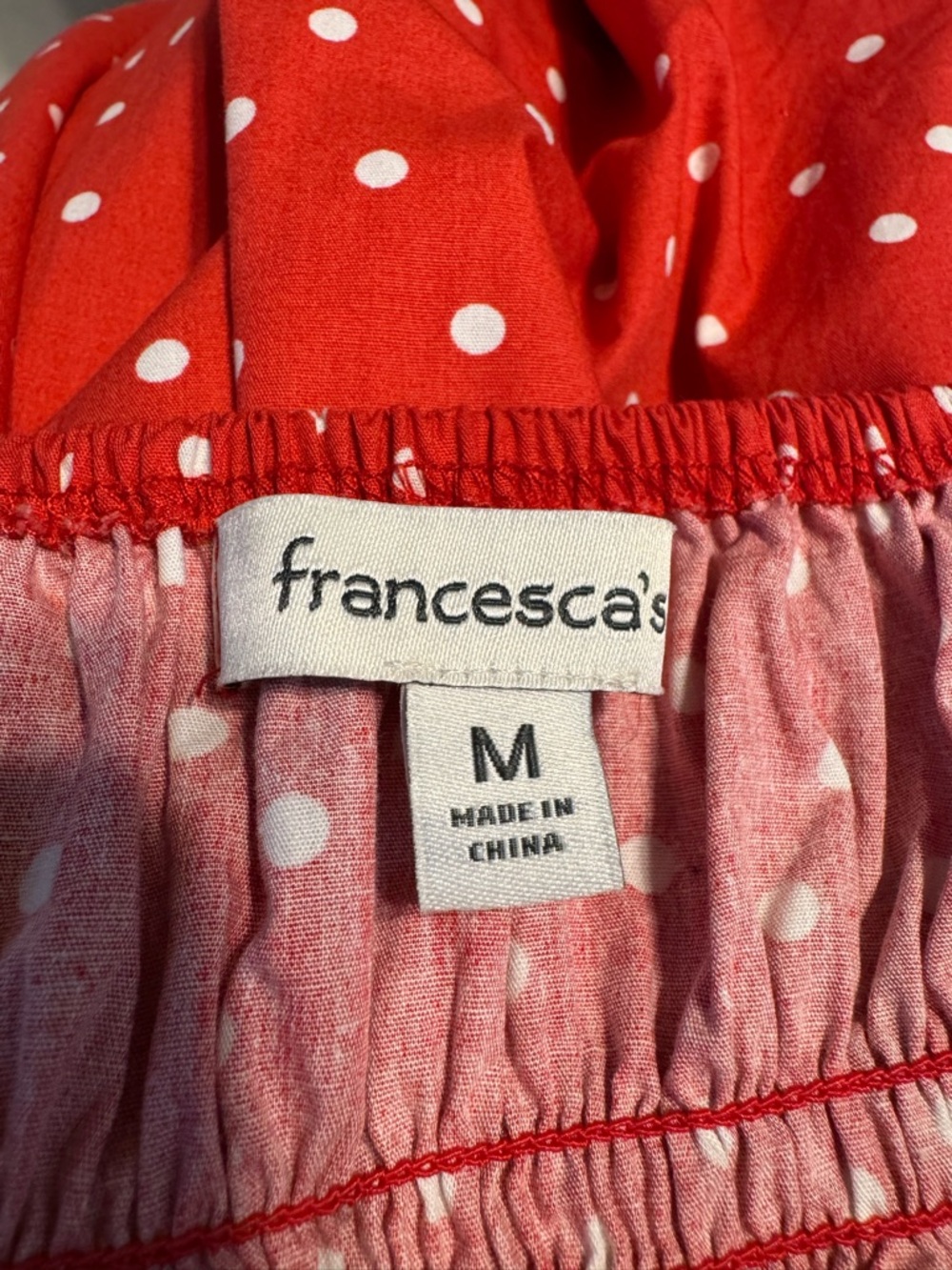 Francesca’s Red Polka Dot Smocked Ruffle Mini Dress M - Picture 3 of 4